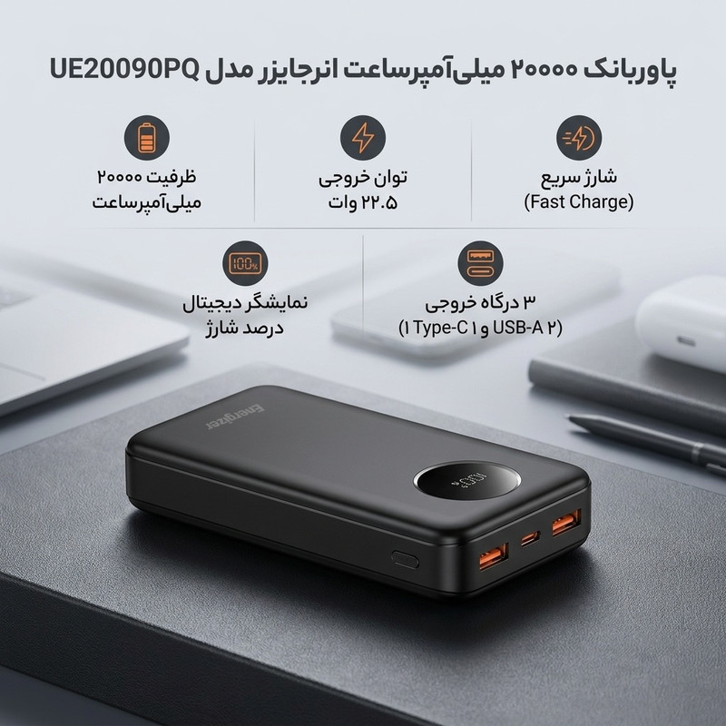 پاوربانک 22.5 وات انرجایزر مدل UE20090PQ ظرفیت 20000 میلی‌آمپرساعت