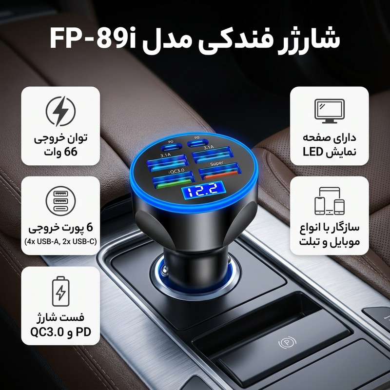 شارژر فندکی 66 وات 6 پورت مدل FP-89i