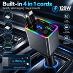 شارژر فندکی 4 پورت 120 وات مدل M37 4IN1، اتصال فندکی، درگاه‌های خروجی USB-A، USB-C و Lightning، به همراه کابل USB-C و کابل Lightning متصل، توان خروجی کلی 120 وات