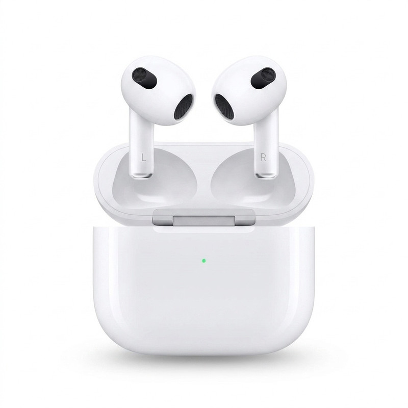 هدفون بلوتوثی اپل مدل AirPods 3 با نویز کنسلینگ میکروفون (ENC)، درگاه شارژ لایتنینگ، دارای سنسور تشخیص پوست و پشتیبانی از فرمان لمسی، مقاوم در برابر رطوبت و عرق