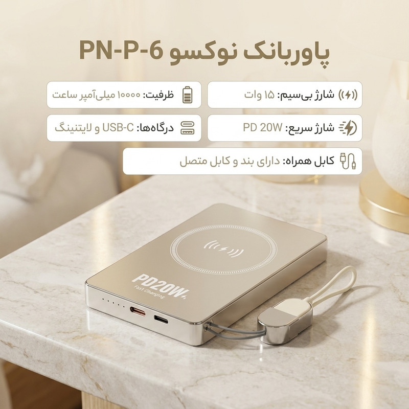 پاوربانک نوکسو مدل PN-P-6 ظرفیت 10 هزار میلی‌آمپر ساعت