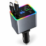شارژر فندکی 4 پورت 120 وات مدل M37 4IN1، اتصال فندکی، درگاه‌های خروجی USB-A، USB-C و Lightning، به همراه کابل USB-C و کابل Lightning متصل، توان خروجی کلی 120 وات