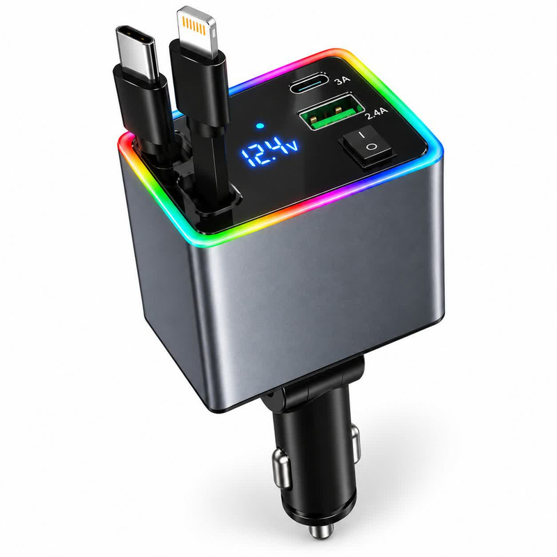 شارژر فندکی 4 پورت 120 وات مدل M37 4IN1، اتصال فندکی، درگاه‌های خروجی USB-A، USB-C و Lightning، به همراه کابل USB-C و کابل Lightning متصل، توان خروجی کلی 120 وات