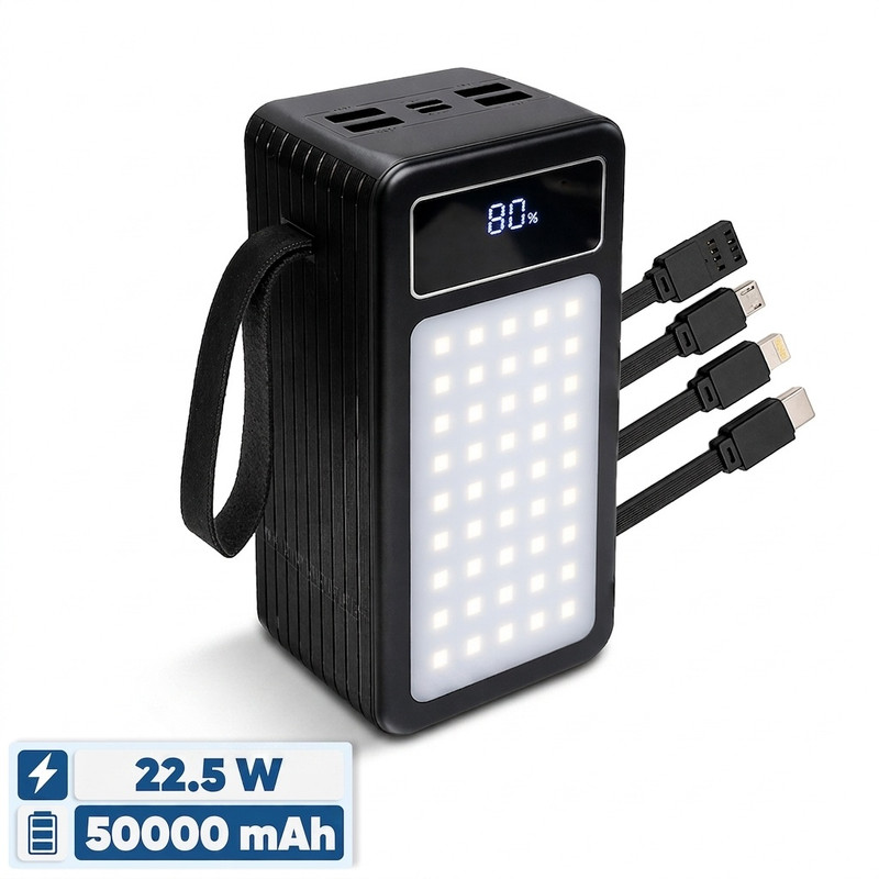 پاوربانک 22.5 وات پی زد ایکس مدل V89s PD Fast Charge ظرفیت 50000 میلی‌آمپرساعت به همراه چهار کابل متصل USB-A، USB-C، MicroUSB و لایتنینگ