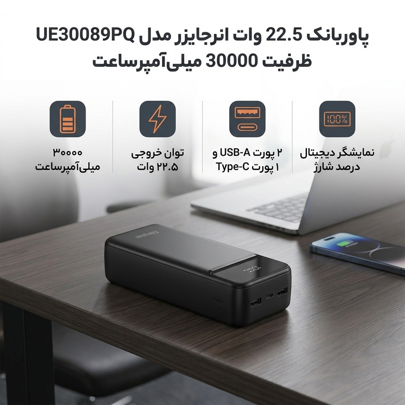 پاوربانک 22.5 وات انرجایزر مدل UE30089PQ ظرفیت 30000 میلی‌آمپرساعت