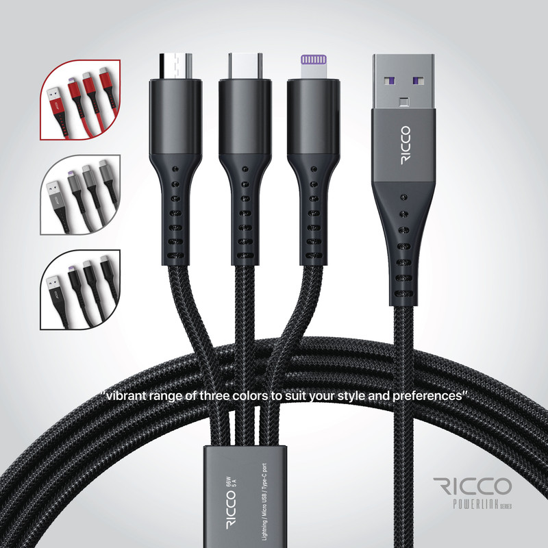 کابل تبدیل USB به لایتنینگ / MicroUSB / USB-C ریکو مدل پاورلینک طول 1.2 متر