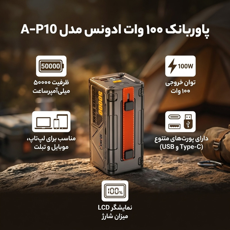 پاوربانک 100 وات ادونس مدل A-P10 ظرفیت 50000 میلی‌آمپرساعت