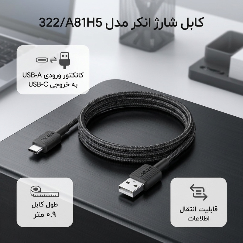 کابل تبدیل USB به USB-C انکر مدل 322/A81H5 طول 0.9 متر