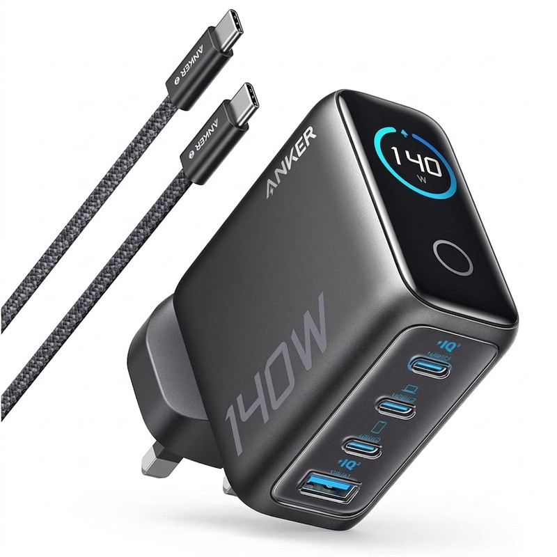 شارژر دیواری 140 وات 4 پورت انکر مدل B0DPKP7RD8 به همراه کابل USB-C به طول 1.5 متر