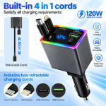 شارژر فندکی 4 پورت 120 وات مدل M37 4IN1، اتصال فندکی، درگاه‌های خروجی USB-A، USB-C و Lightning، به همراه کابل USB-C و کابل Lightning متصل، توان خروجی کلی 120 وات