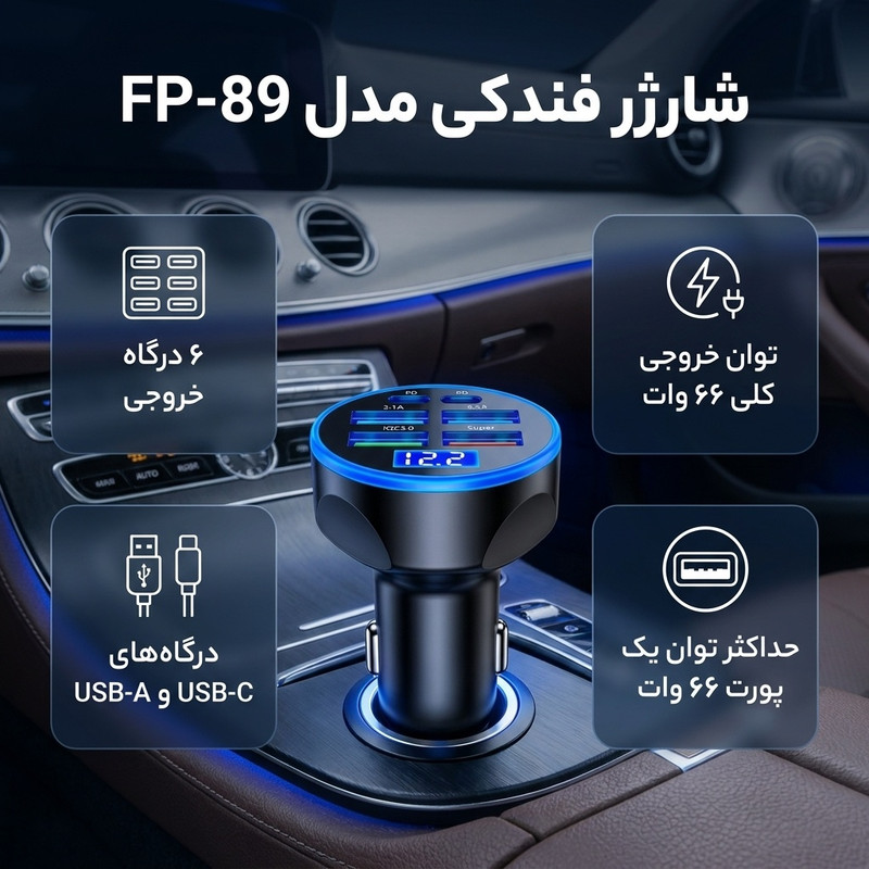 شارژر فندکی 6 پورت 66 وات مدل FP-89