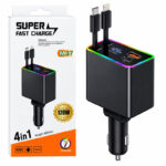 شارژر فندکی 4 پورت 120 وات مدل M37 4IN1، اتصال فندکی، درگاه‌های خروجی USB-A، USB-C و Lightning، به همراه کابل USB-C و کابل Lightning متصل، توان خروجی کلی 120 وات
