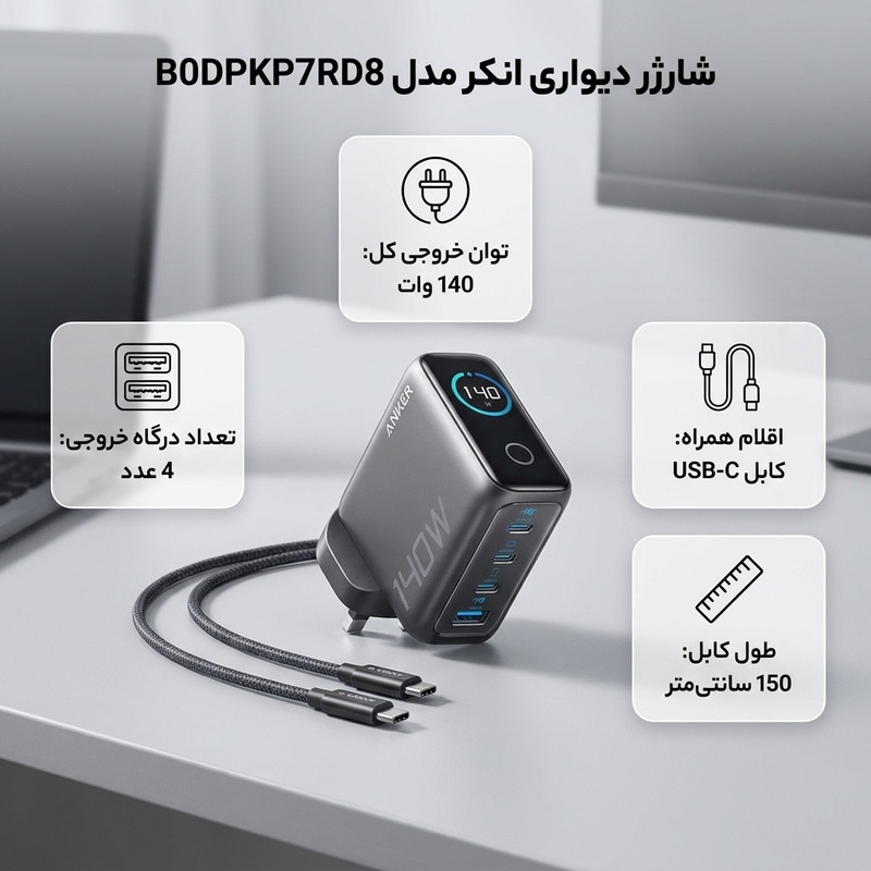 شارژر دیواری 140 وات 4 پورت انکر مدل B0DPKP7RD8 به همراه کابل USB-C به طول 1.5 متر