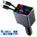 شارژر فندکی 4 پورت 120 وات مدل M37 4IN1، اتصال فندکی، درگاه‌های خروجی USB-A، USB-C و Lightning، به همراه کابل USB-C و کابل Lightning متصل، توان خروجی کلی 120 وات